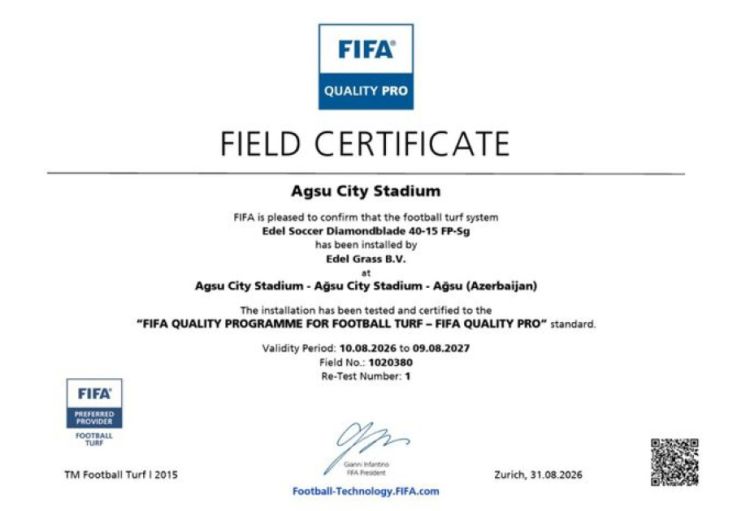 Ağsu şəhər stadionu FIFA-nın sertifikatına layiq görülüb